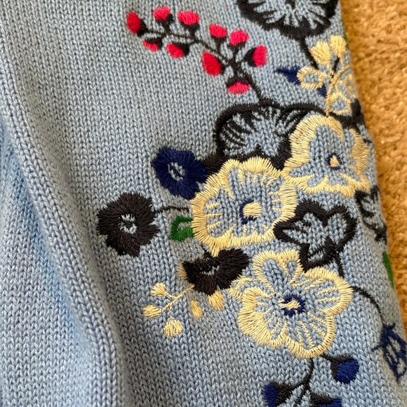 LOFT Sky Blue Crewneck Sweater with Embroidered Floral Puff Sleeves - Picture 4 of 6